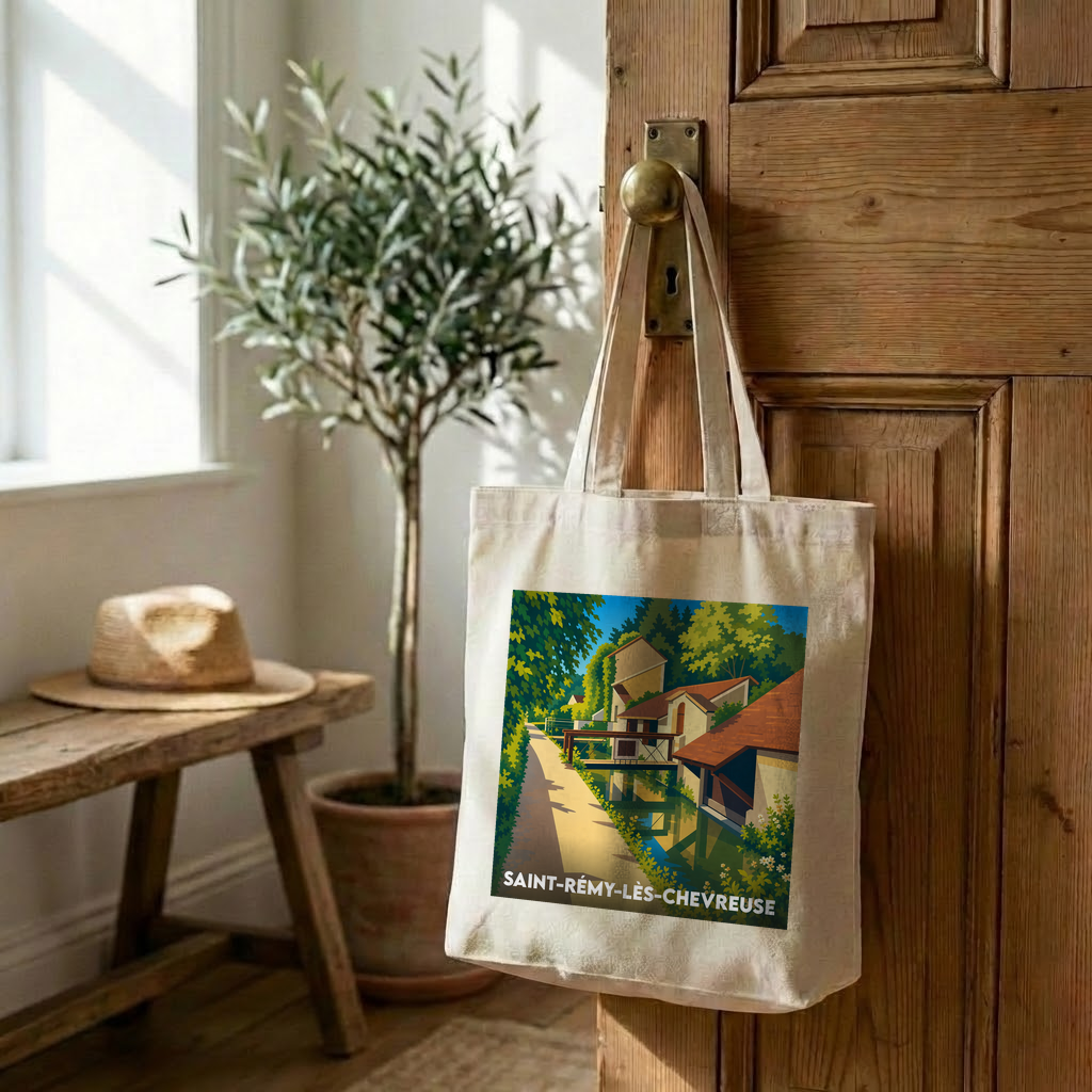 Tote bag souvenir de la ville de Saint-Rémy-lès-Chevreuse avec une illustration colorée et stylisée de ses paysages.