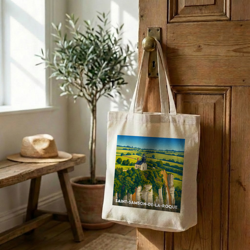 Tote bag souvenir de la ville de Saint-Samson-de-la-Roque avec une illustration stylisée.