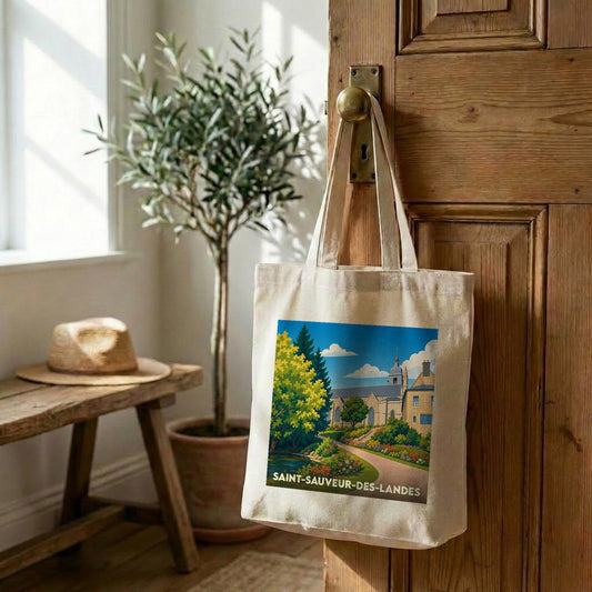 Tote bag souvenir de la ville de Saint-Sauveur-des-Landes avec une illustration stylisée.