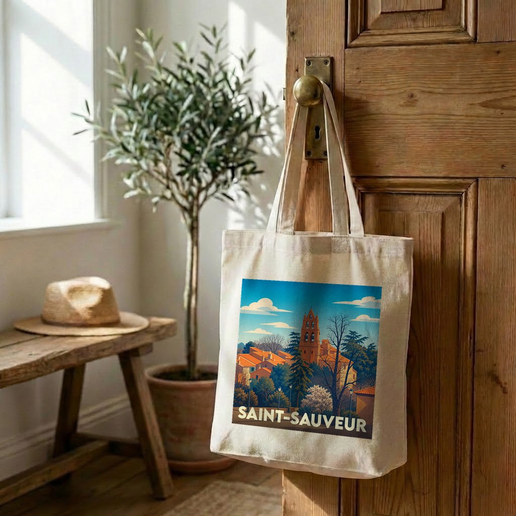 Tote bag souvenir de la ville de Saint-Sauveur avec une illustration stylisée.