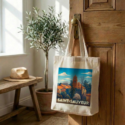 Tote bag souvenir de la ville de Saint-Sauveur avec une illustration stylisée.