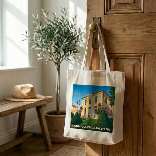 Tote bag souvenir de la ville de Saint-Sulpice-de-Faleyrens avec une illustration stylisée d'une demeure bourgeoise.