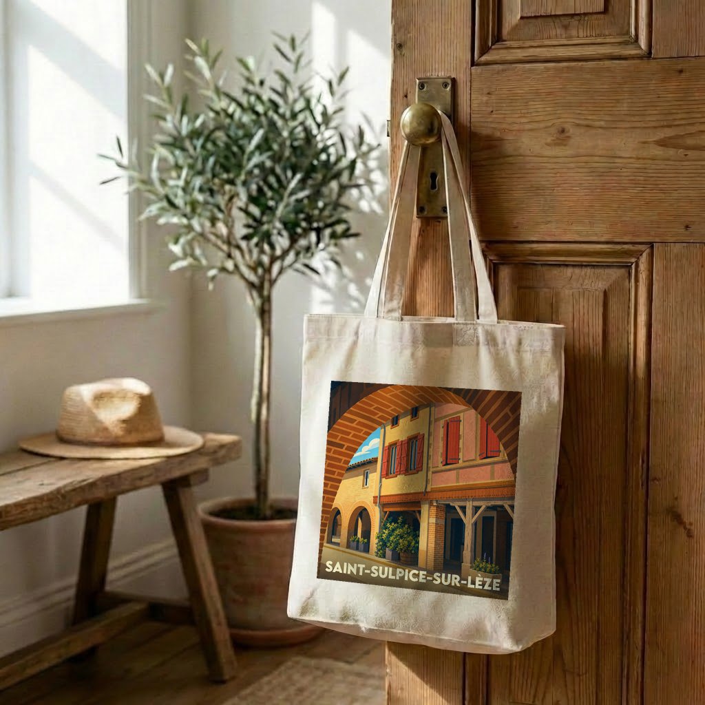 Tote bag souvenir de la ville de Saint-Sulpice-sur-Lèze avec une illustration stylisée.