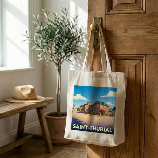Tote bag souvenir de la ville de Saint-Thurial avec une illustration stylisée.