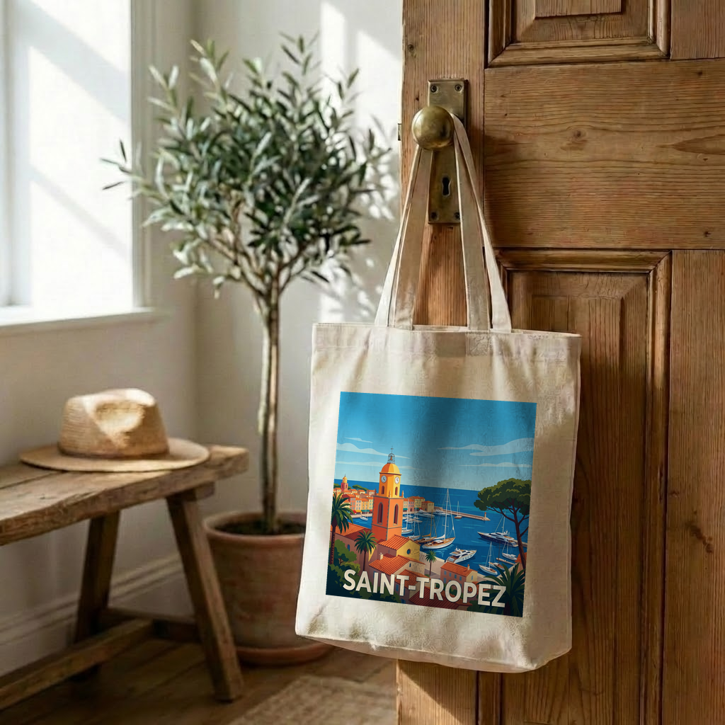 Tote bag souvenir de la ville de Saint-Tropez avec une illustration stylisée.