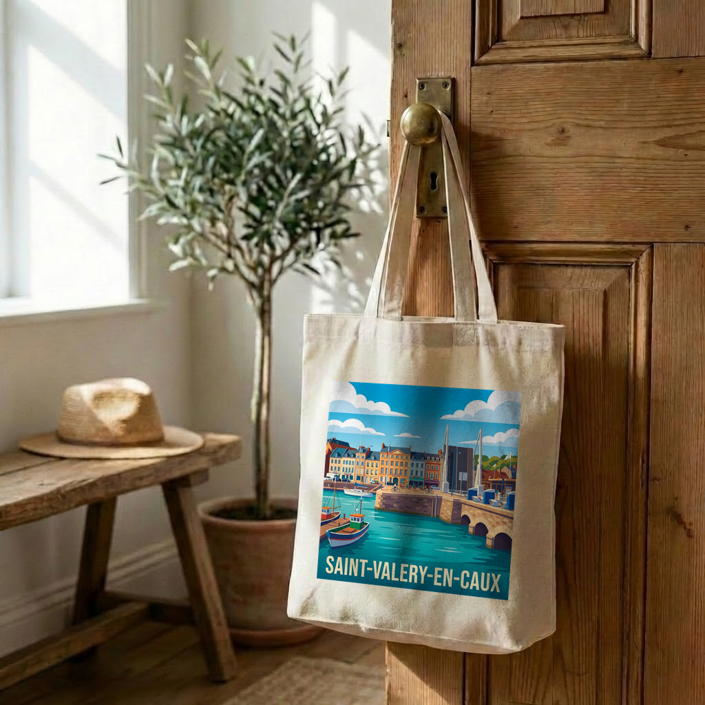 Tote bag souvenir de la ville de Saint-Valery-en-Caux avec une illustration stylisée du port.