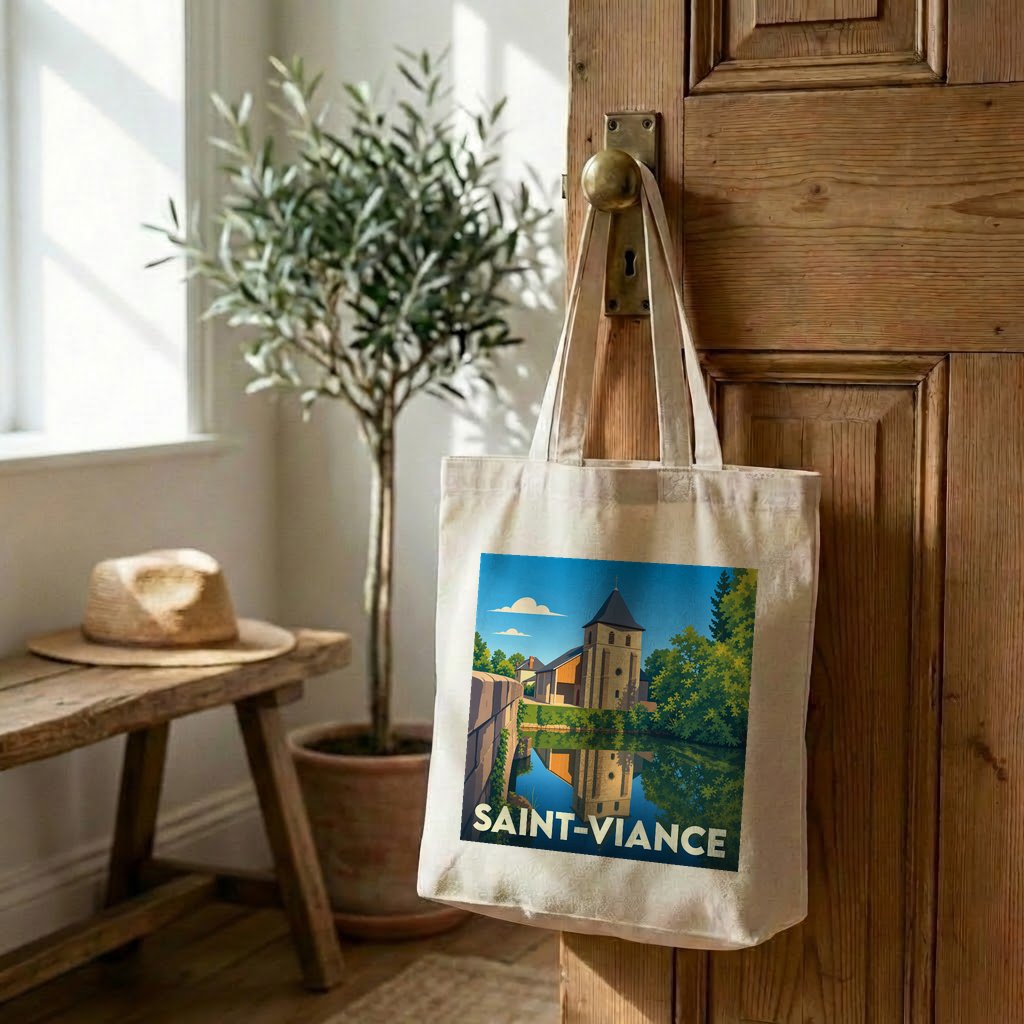 Tote bag souvenir de la ville de Saint-Viance avec une illustration stylisée.