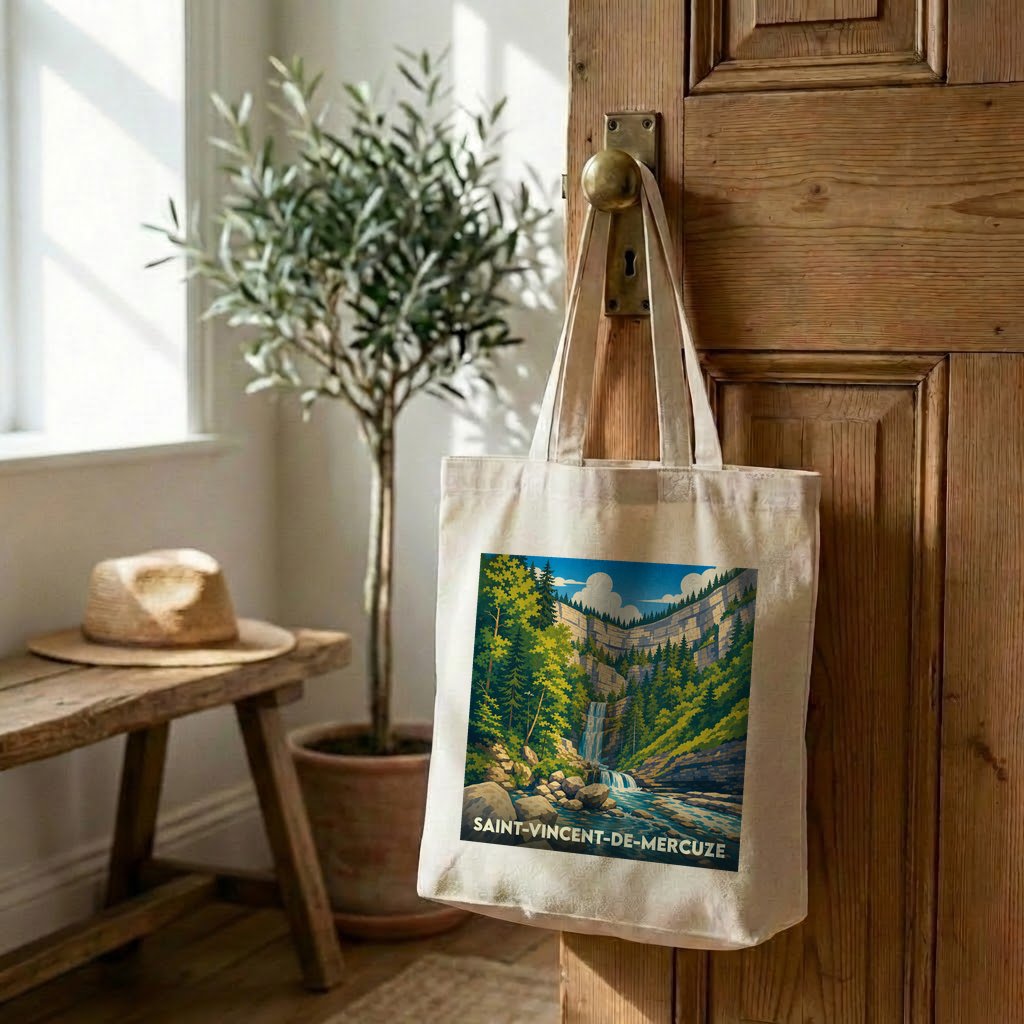 Tote bag souvenir de la ville de Saint-Vincent-de-Mercuze illustré d'une cascade dans un paysage montagneux.