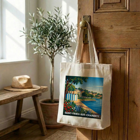 Tote bag souvenir de Saint-Yrieix-sur-Charente orné d'une illustration stylisée de son plan d'eau.