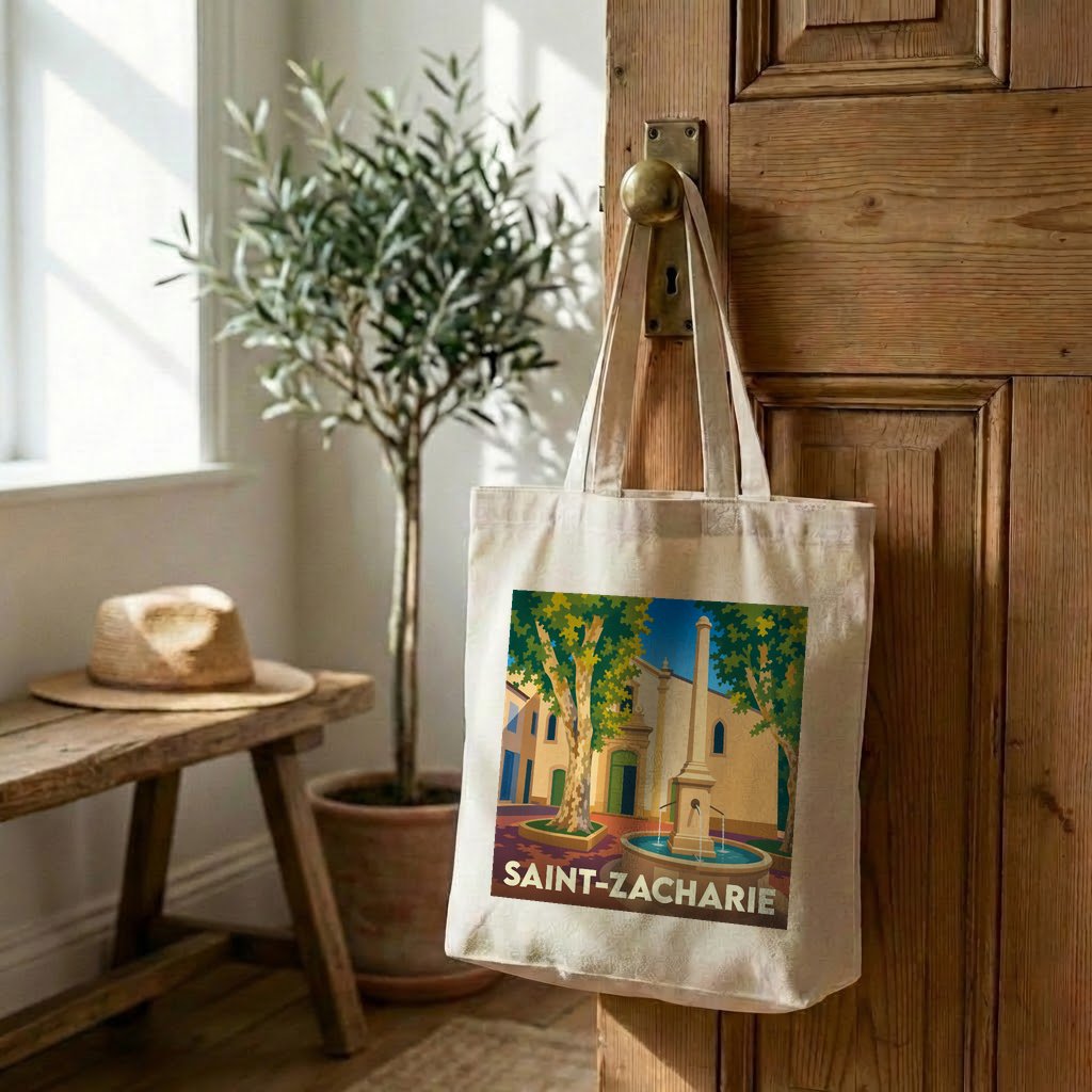 Tote bag souvenir de la ville de Saint-Zacharie avec une illustration stylisée d'une place provençale.
