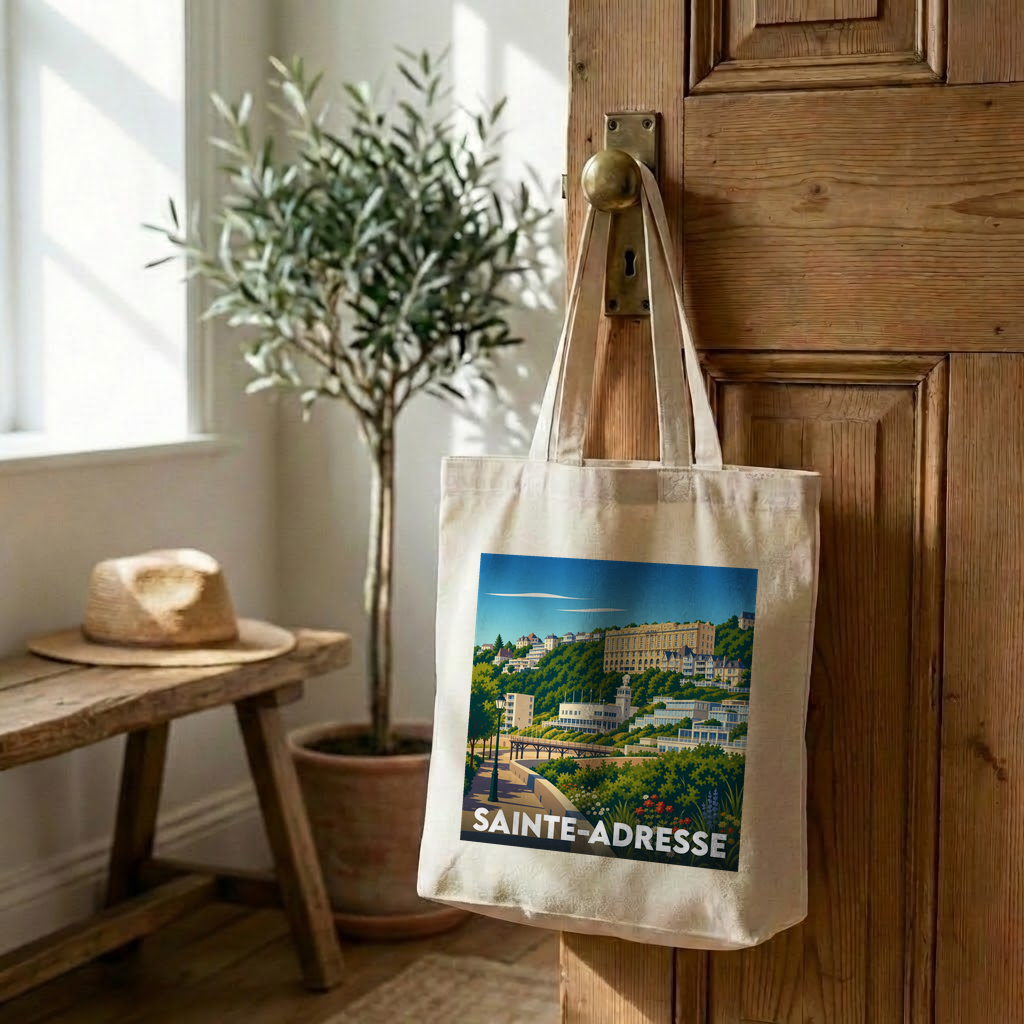 Tote bag souvenir de la ville de Sainte-Adresse avec une illustration stylisée.