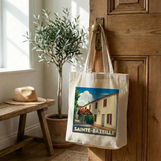 Tote bag souvenir de la ville de Sainte-Bazeille avec une illustration stylisée.