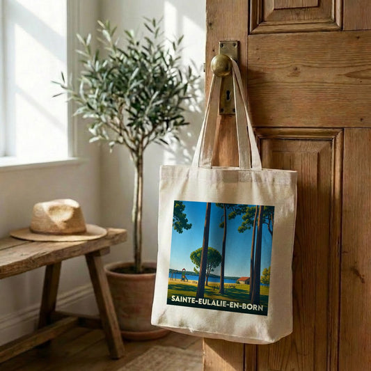 Tote bag souvenir de la ville de Sainte-Eulalie-en-Born avec une illustration stylisée.