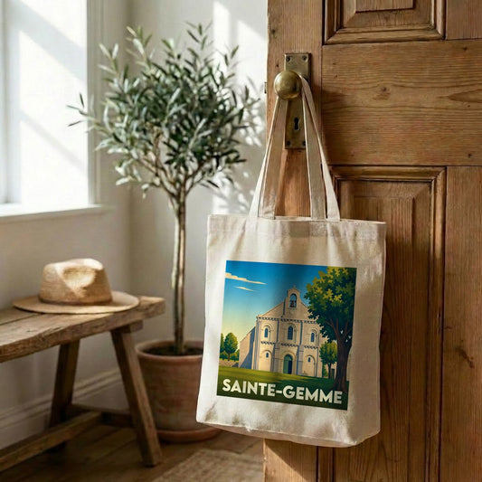 Tote bag souvenir de la ville de Sainte-Gemme avec une illustration stylisée de son église.