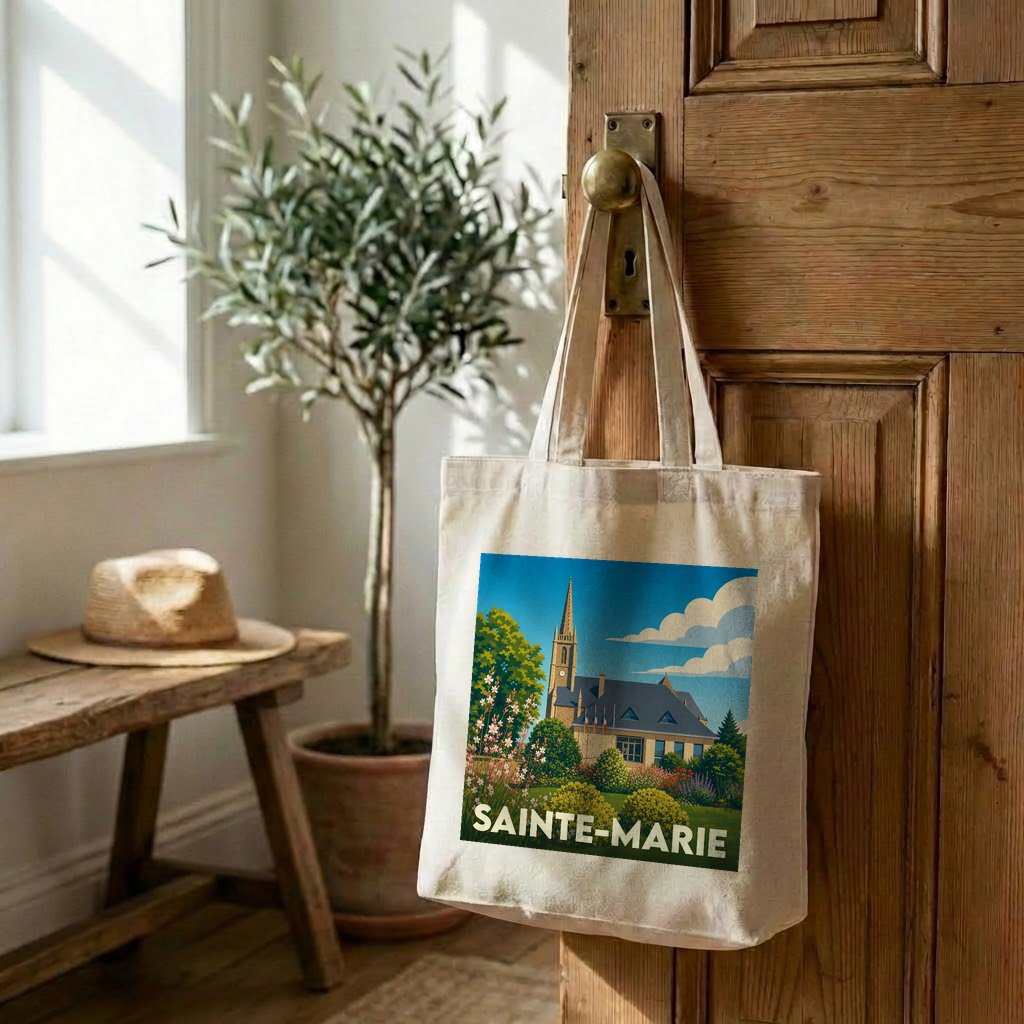 Tote bag souvenir de la ville de Sainte-Marie avec une illustration stylisée.