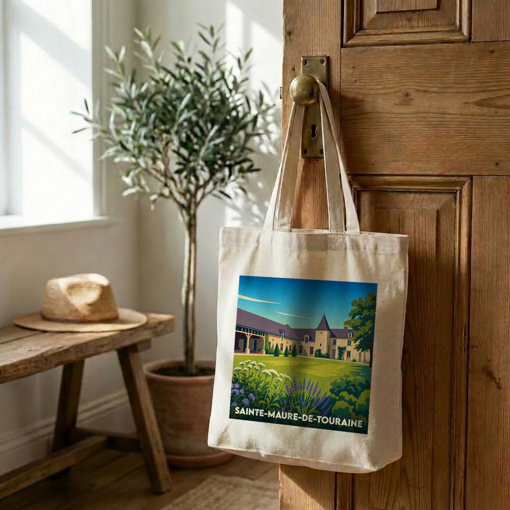 Tote bag souvenir de la ville de Sainte-Maure-de-Touraine illustré d'un paysage stylisé.