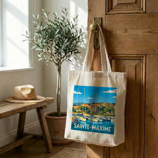 Tote bag souvenir de la ville de Sainte-Maxime avec une illustration colorée de son port.