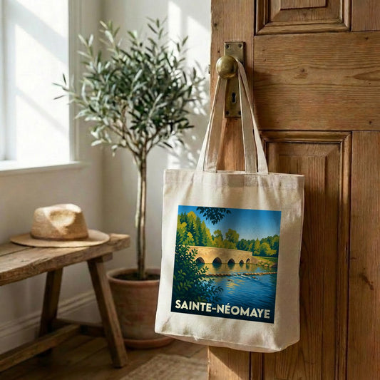 Tote bag souvenir de la ville de Sainte-Néomaye avec une illustration stylisée d'un pont de pierre.