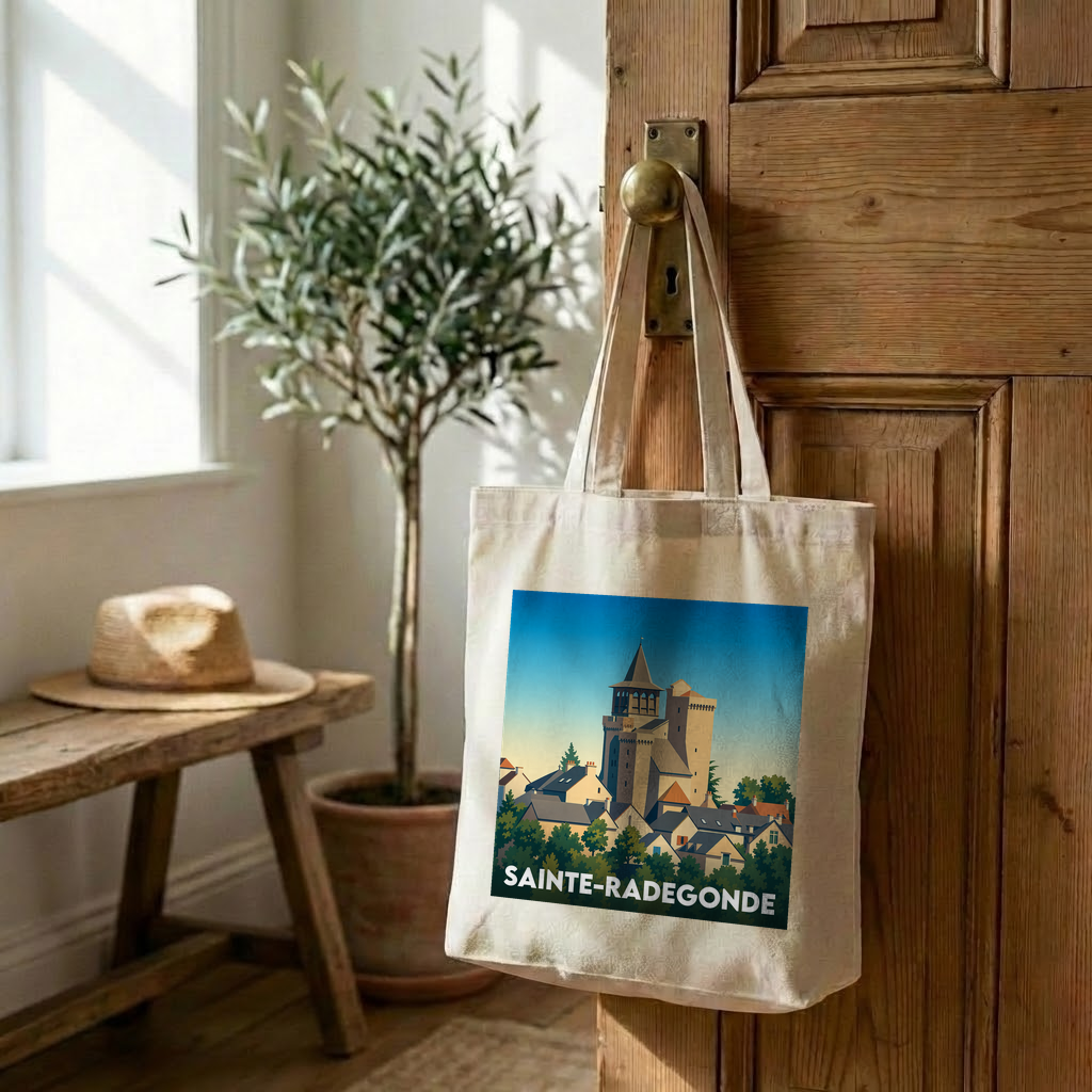 Tote bag souvenir de la ville de Sainte-Radegonde avec une illustration stylisée.