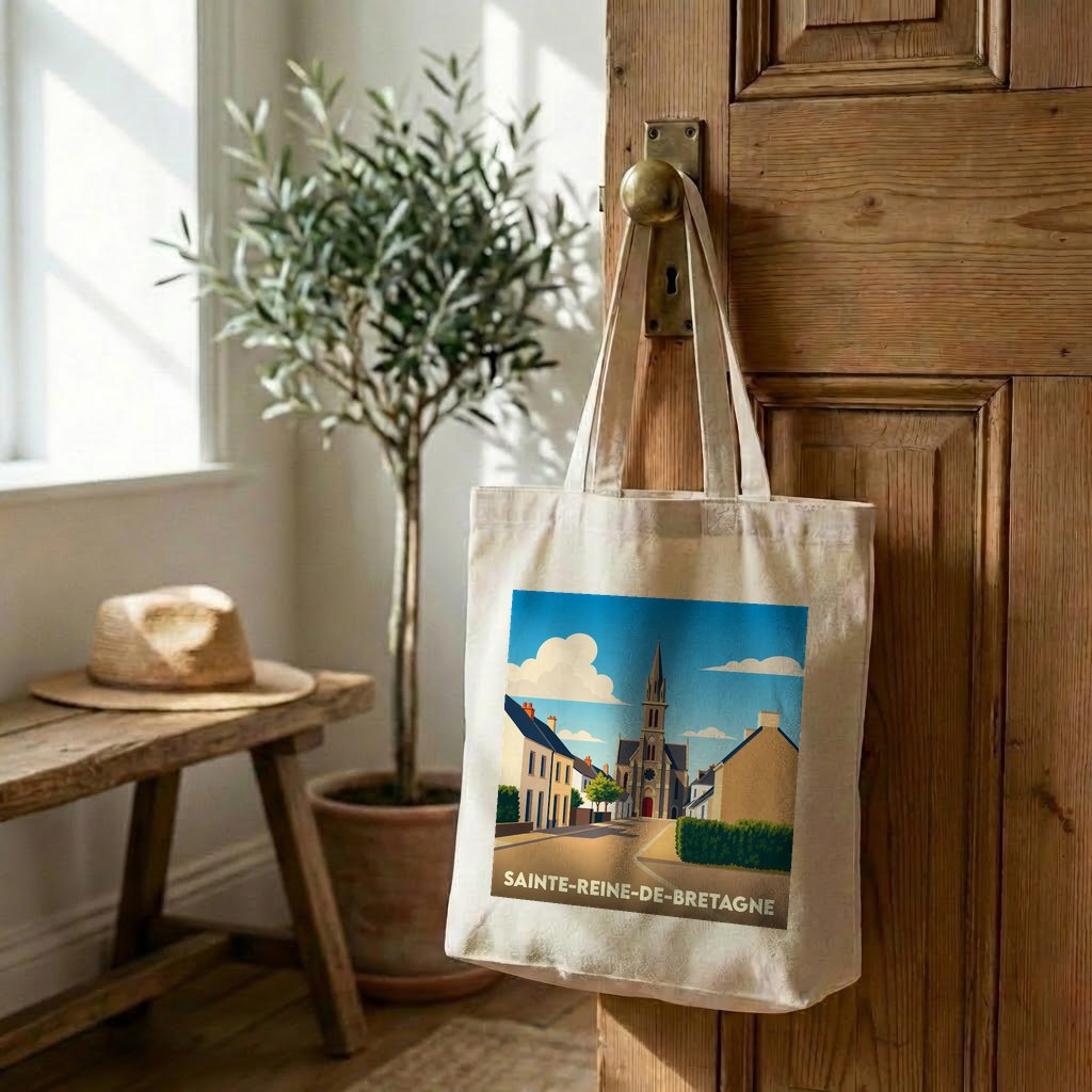Tote bag souvenir de la ville de Sainte-Reine-de-Bretagne avec une illustration stylisée.