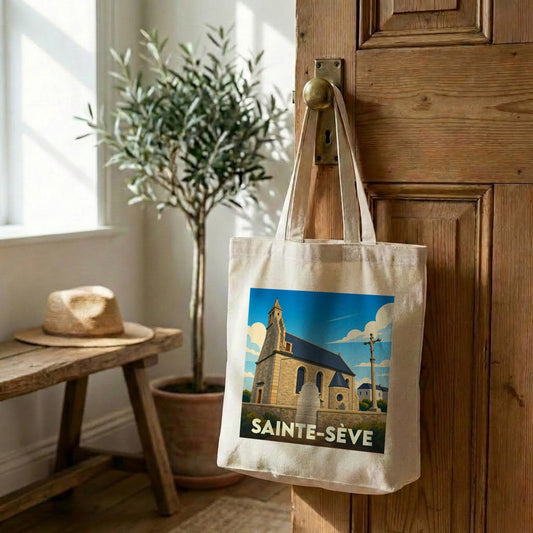 Tote bag souvenir de la ville de Sainte-Sève avec une illustration stylisée de son église.