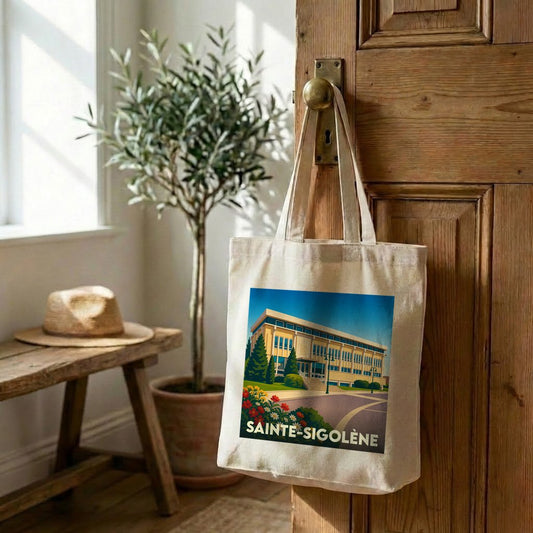 Tote bag souvenir de la ville de Sainte-Sigolène avec une illustration stylisée de son hôtel de ville.