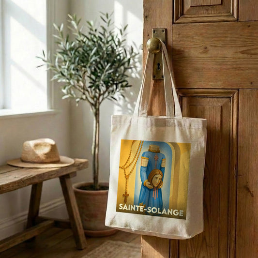 Tote bag souvenir de Sainte-Solange orné d'une illustration stylisée de la sainte.