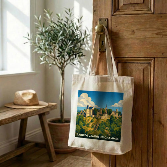 Sac cabas souvenir de Sainte-Suzanne-et-Chammes avec une illustration stylisée du village médiéval.