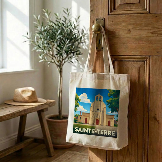 Tote bag souvenir de la ville de Sainte-Terre avec une illustration stylisée de son église.