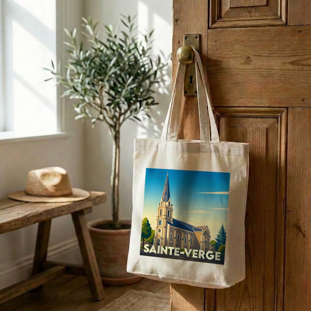 Tote bag souvenir de la ville de Sainte-Verge avec une illustration stylisée de son église.