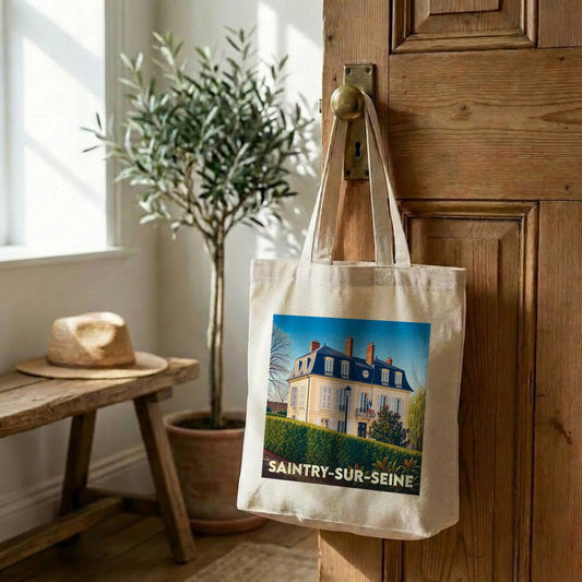 Tote bag souvenir de la ville de Saintry-sur-Seine avec une illustration stylisée.