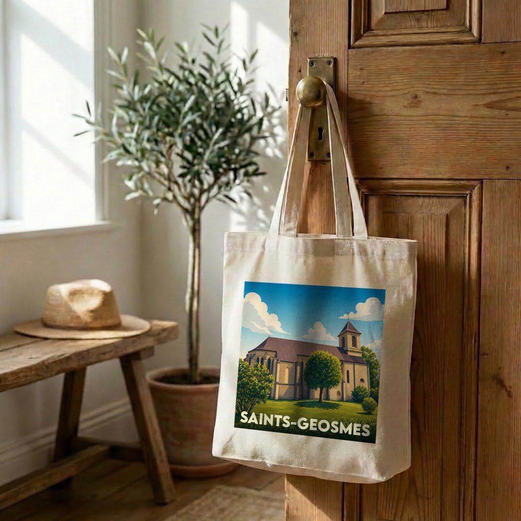 Tote bag souvenir de la ville de Saints-Geosmes avec une illustration stylisée.