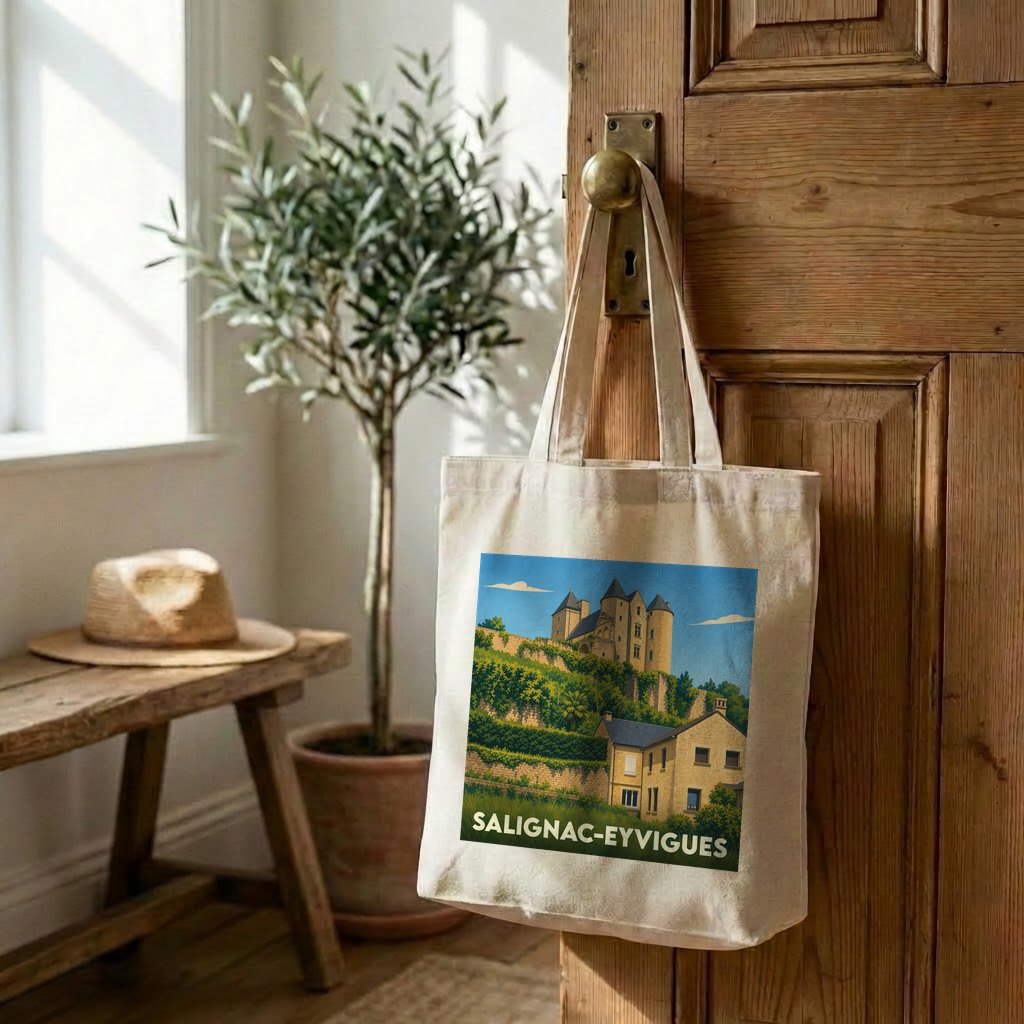 Tote bag souvenir de la ville de Salignac-Eyvigues avec une illustration stylisée d'un château.