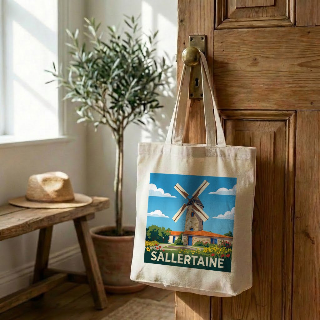 Tote bag souvenir de la ville de Sallertaine illustré d'un moulin à vent stylisé.