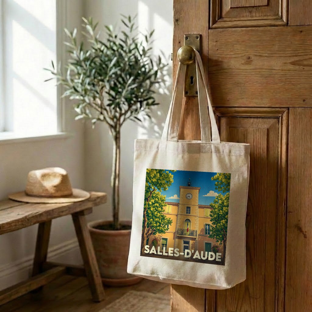 Tote bag souvenir de la ville de Salles-d'Aude avec une illustration stylisée de sa mairie.