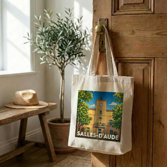 Tote bag souvenir de la ville de Salles-d'Aude avec une illustration stylisée de sa mairie.