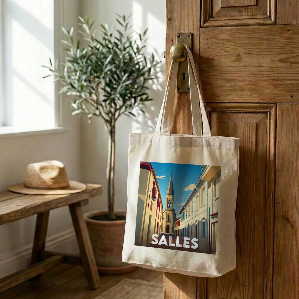 Tote bag souvenir de la ville de Salles avec une illustration stylisée.