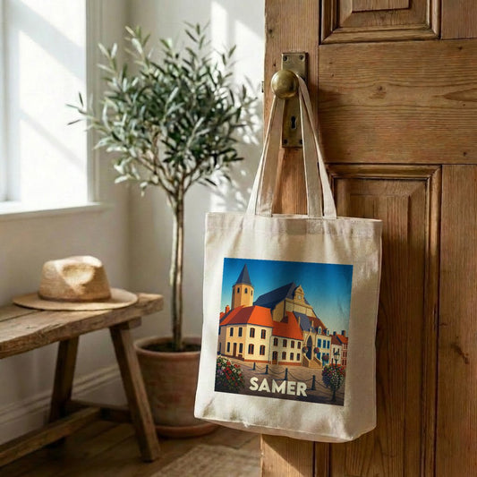 Tote bag souvenir de la ville de Samer avec une illustration stylisée.