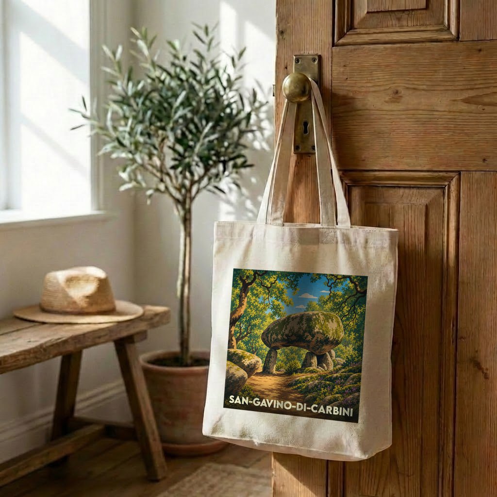 Tote bag souvenir de la ville de San-Gavino-di-Carbini avec une illustration stylisée d'un dolmen.