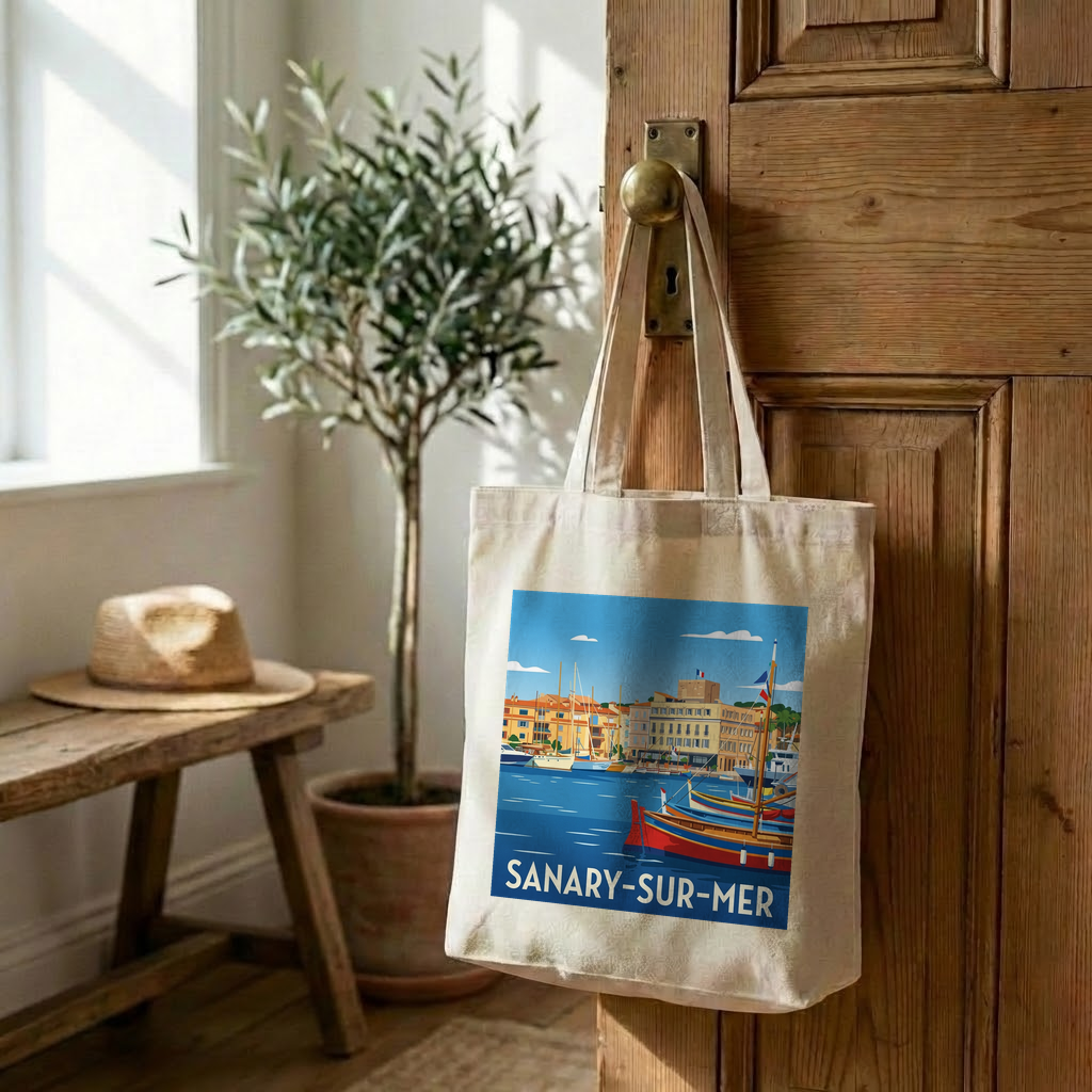 Tote bag souvenir de la ville de Sanary-sur-Mer avec une illustration stylisée du port.