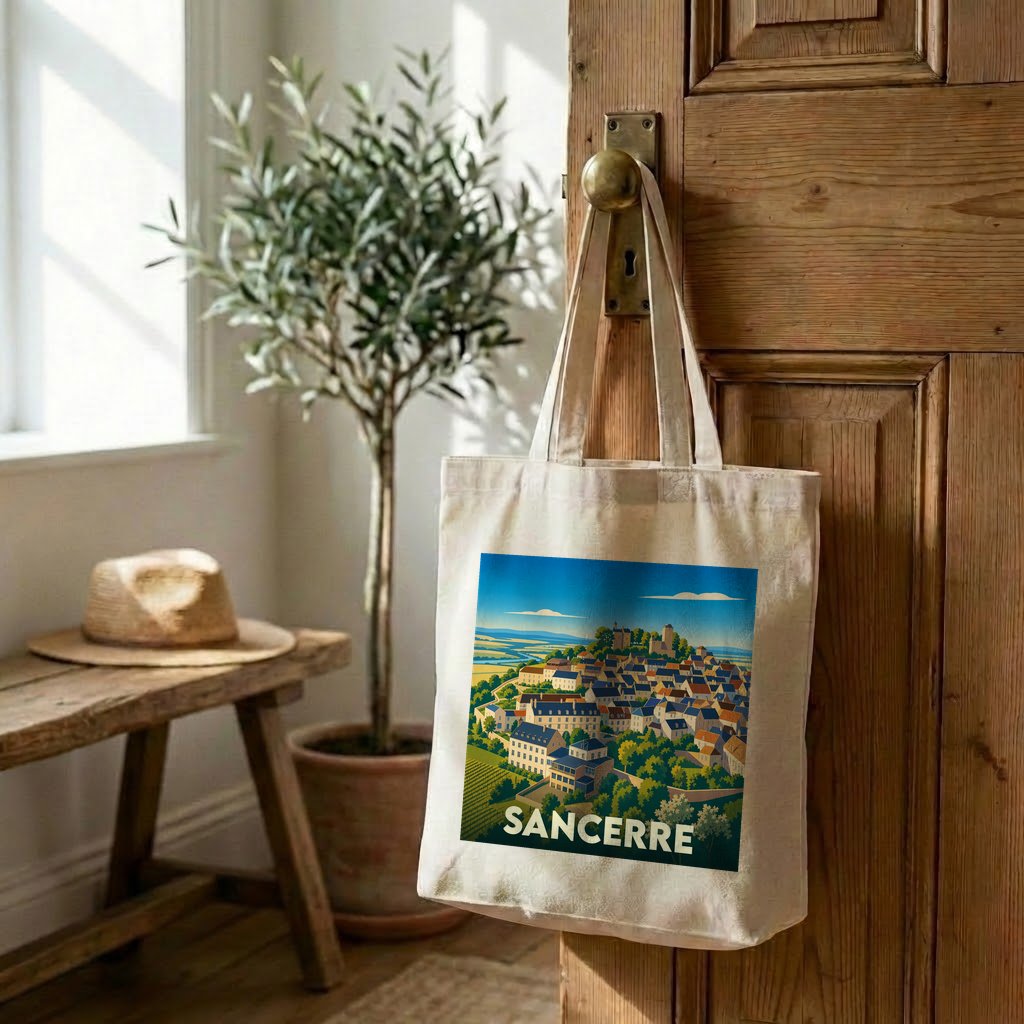 Tote bag souvenir de la ville de Sancerre avec une illustration stylisée.
