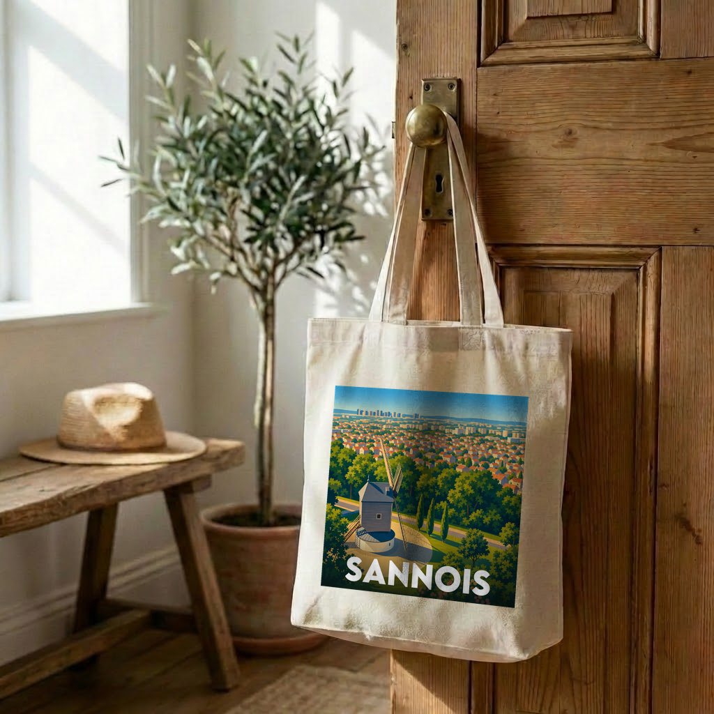Tote bag souvenir de la ville de Sannois avec une illustration stylisée de son moulin.