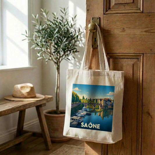 Tote bag souvenir de la ville de Saône avec une illustration stylisée.