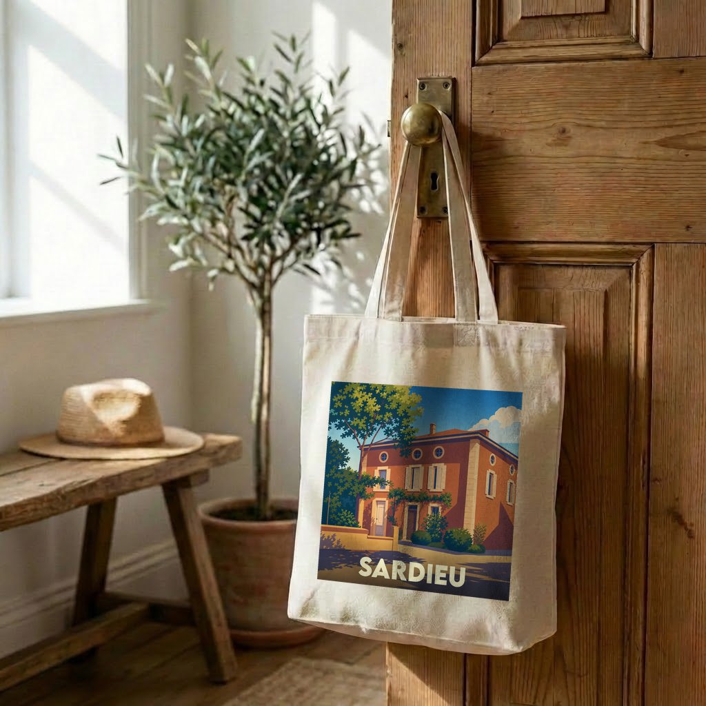 Tote bag souvenir de la ville de Sardieu avec une illustration stylisée.