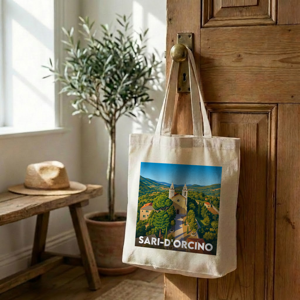Tote bag souvenir de la ville de Sari-d'Orcino avec une illustration stylisée.