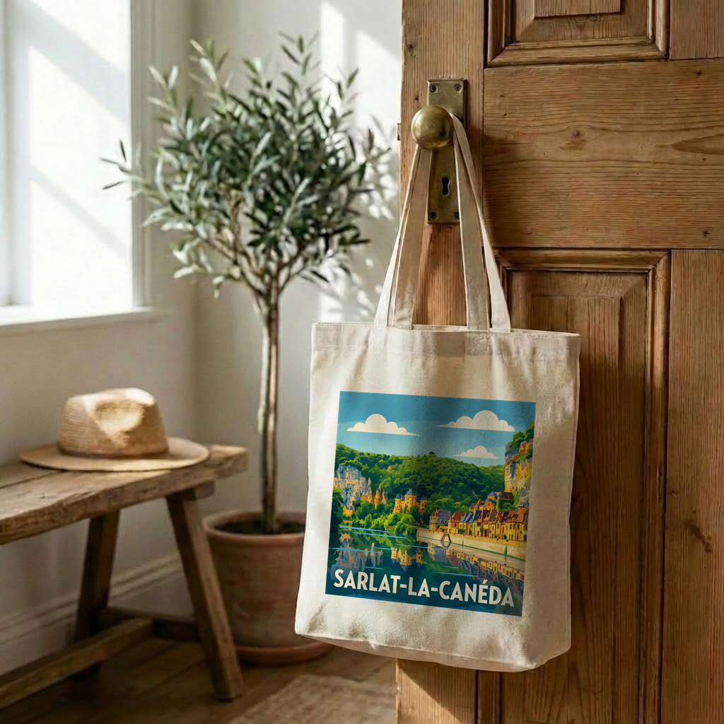 Tote bag souvenir de la ville de Sarlat-la-Canéda avec une illustration stylisée.