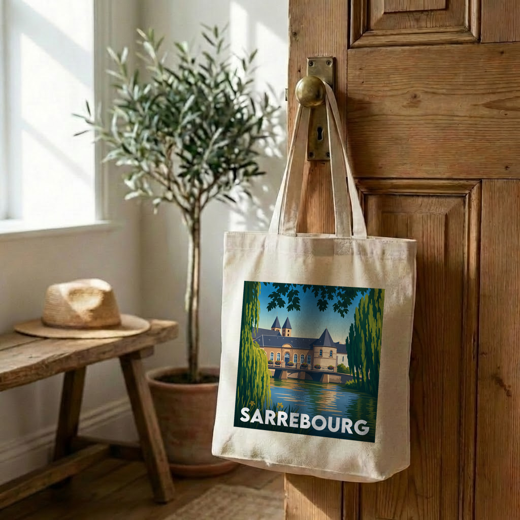 Tote bag souvenir de la ville de Sarrebourg avec une illustration stylisée.