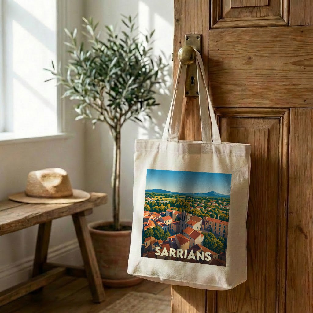 Tote bag souvenir de la ville de Sarrians illustré par une vue panoramique stylisée.
