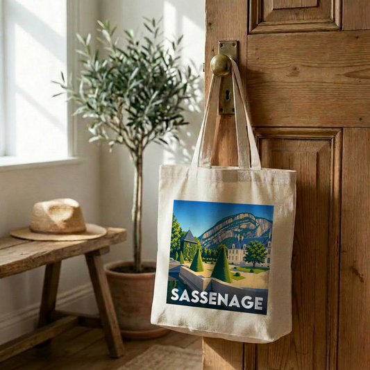 Tote bag souvenir de la ville de Sassenage avec une illustration stylisée.