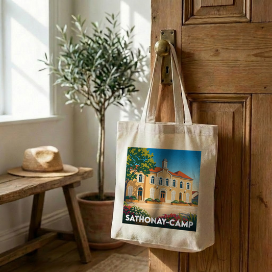 Tote bag souvenir de la ville de Sathonay-Camp avec une illustration stylisée d'un bâtiment historique.